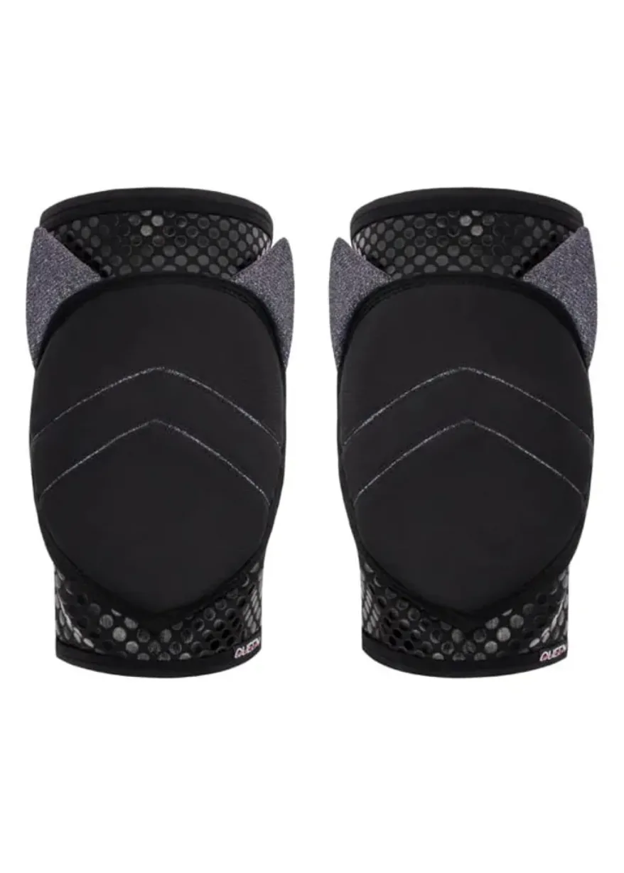 Pair of black knee pads with textured, dotted outer band and purple glitter trim at the top edge.
