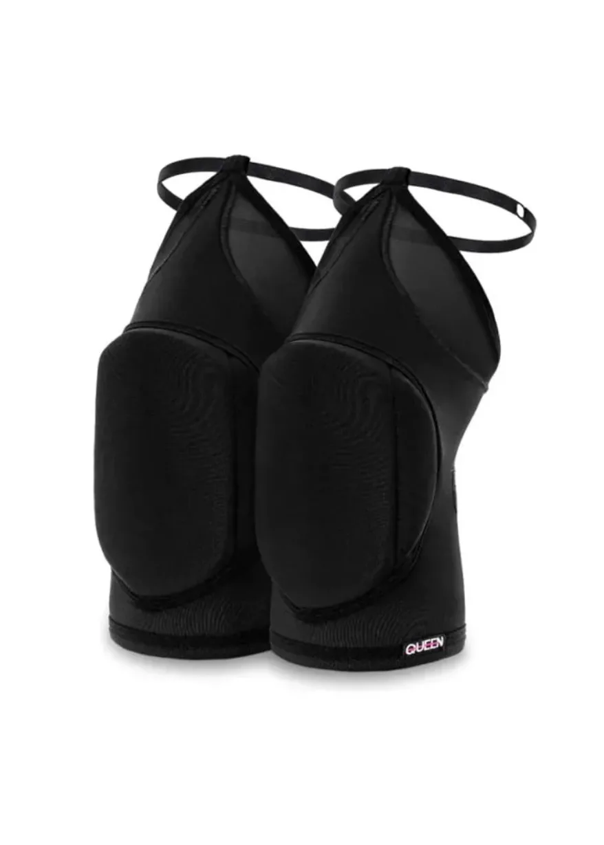 Pair of black dance heels with ankle straps, shown from the back; brand 'QUEEN' on the sole edge.