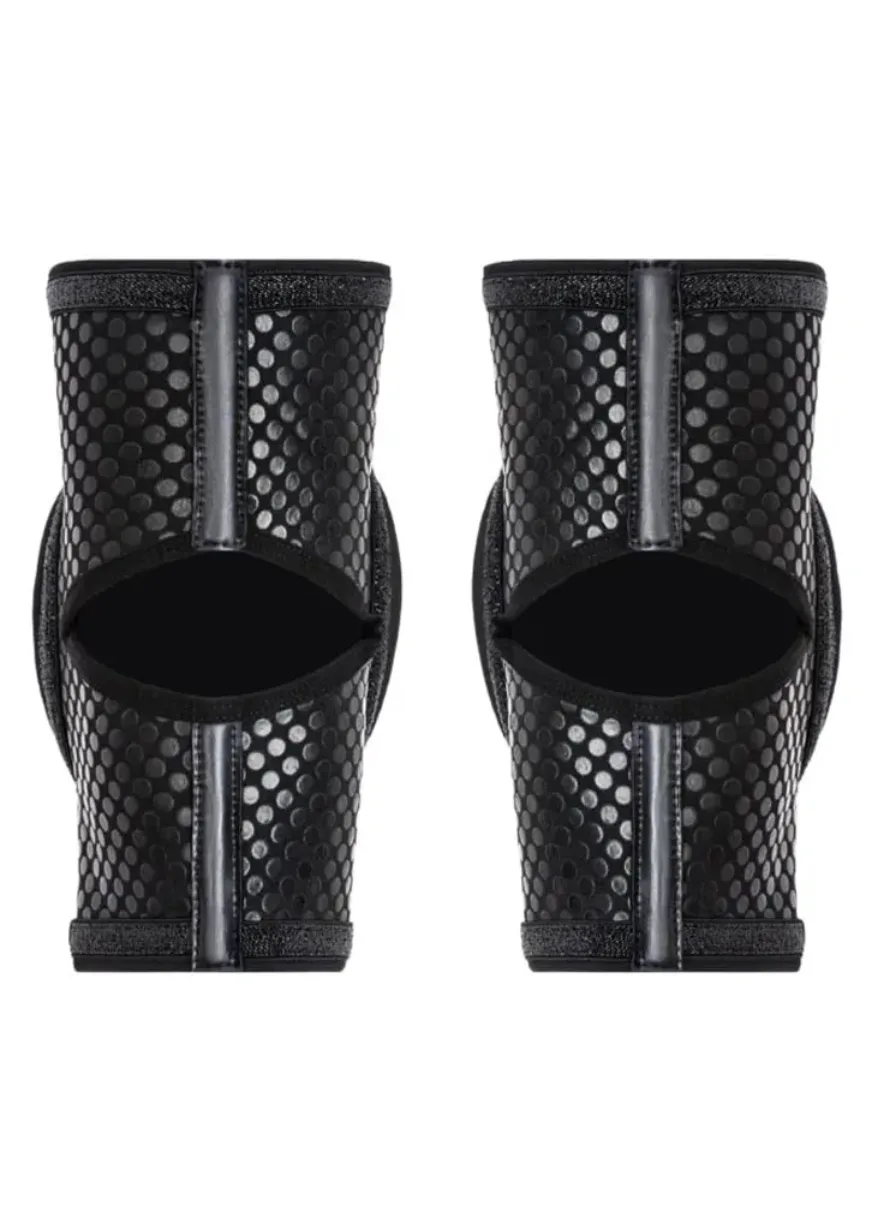 Pair of black perforated knee pads with open center, designed for protection and flexibility
