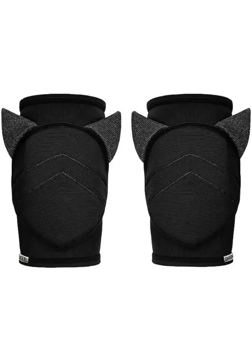 Pair of black knee pads with protective shells and small wing-like side patches on a white background