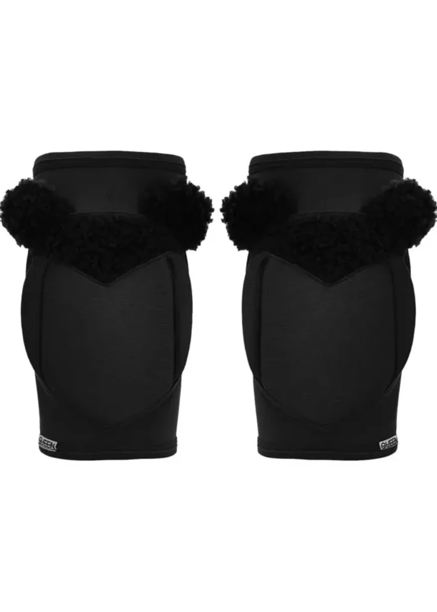 Pair of black knee pads with fluffy faux fur trim, shown from the back.
