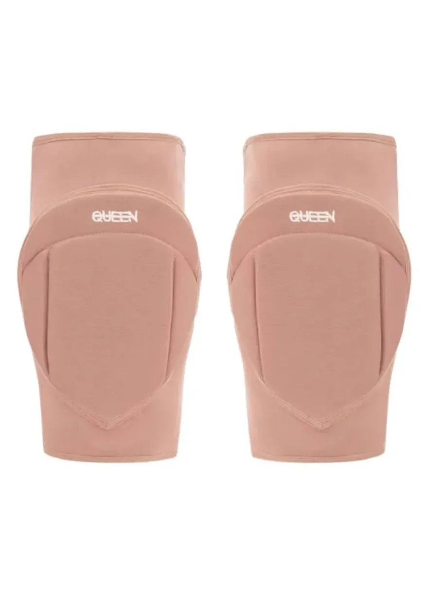 Pair of pink knee pads with reinforced caps and the word 'QUEEN' on each strap, designed for knee protection during activities.