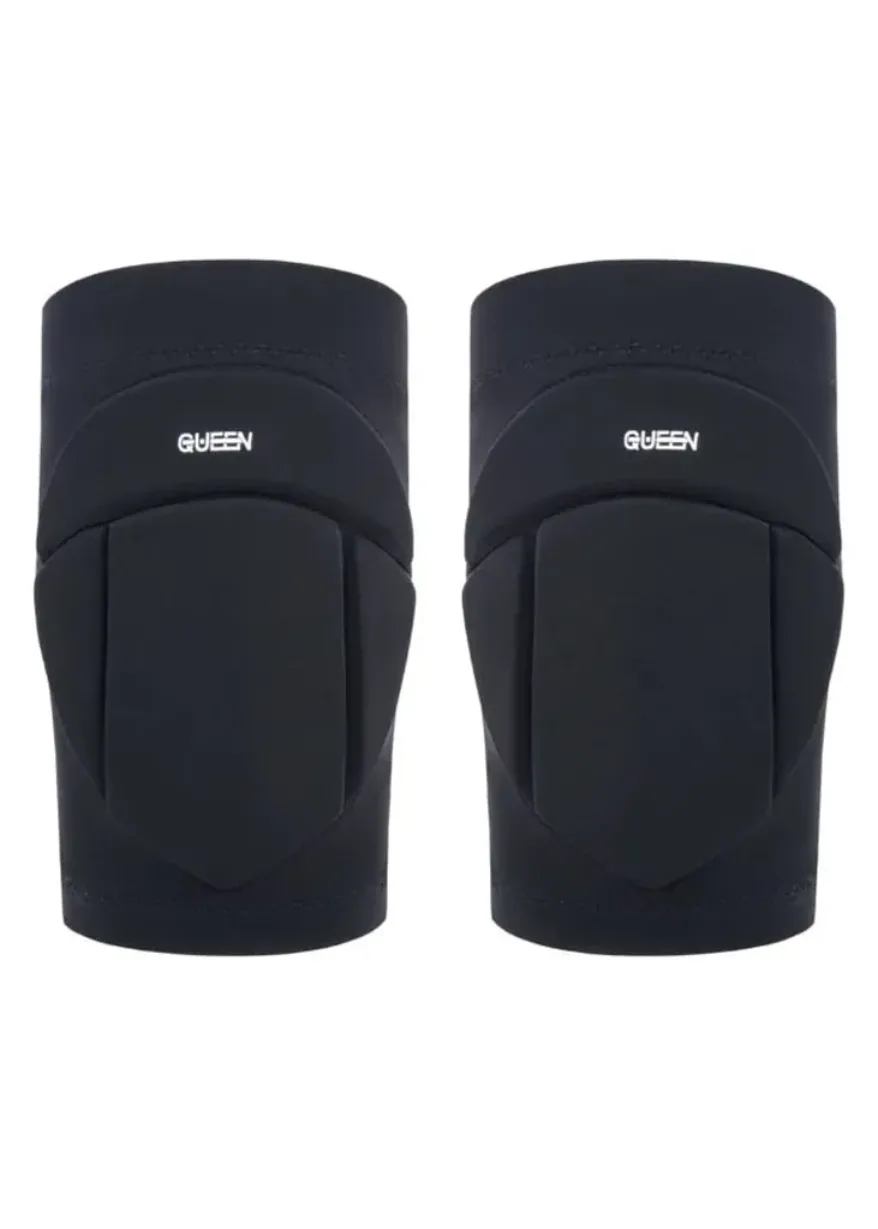 Pair of dark knee pads with protective caps, facing forward, branded QUEEN
