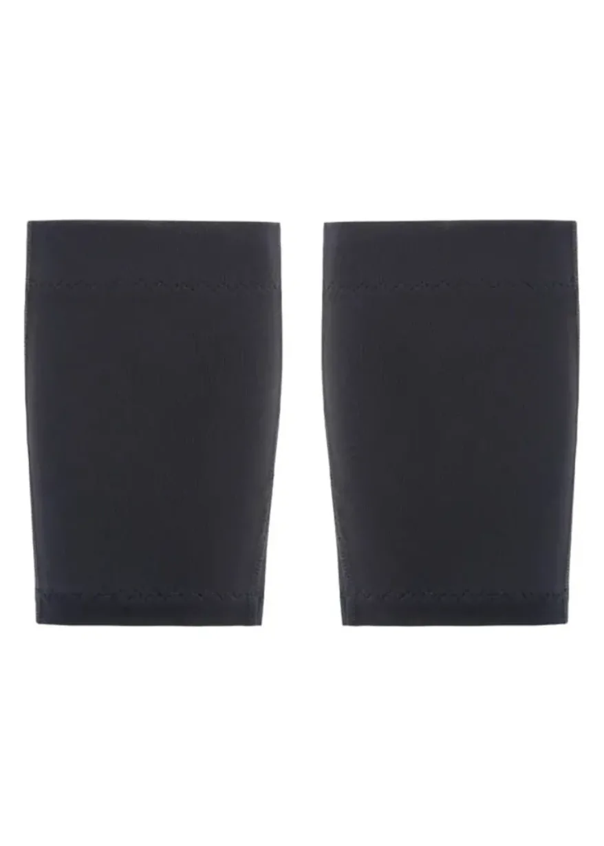 Pair of navy blue wrist guards laid flat with stitched edges on a white background.
