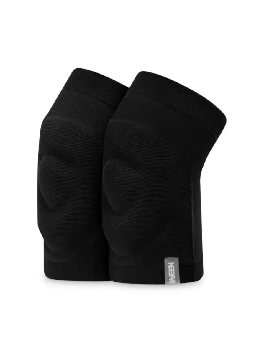 Pair of black knee pads with a small gray brand tag showing at the bottom edge.