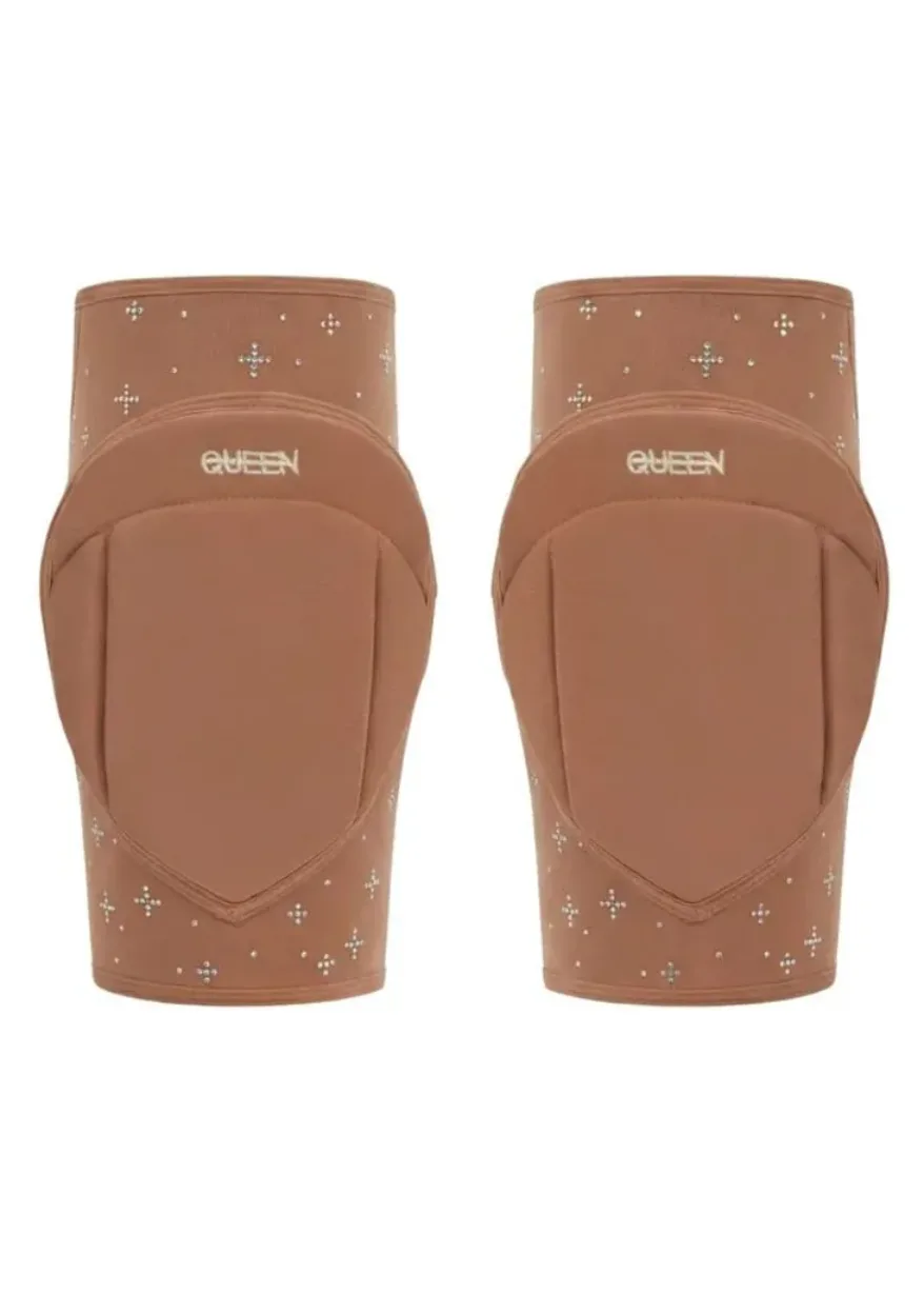 Pair of brown knee pads with studded silver accents and 'QUEEN' branding on top straps.