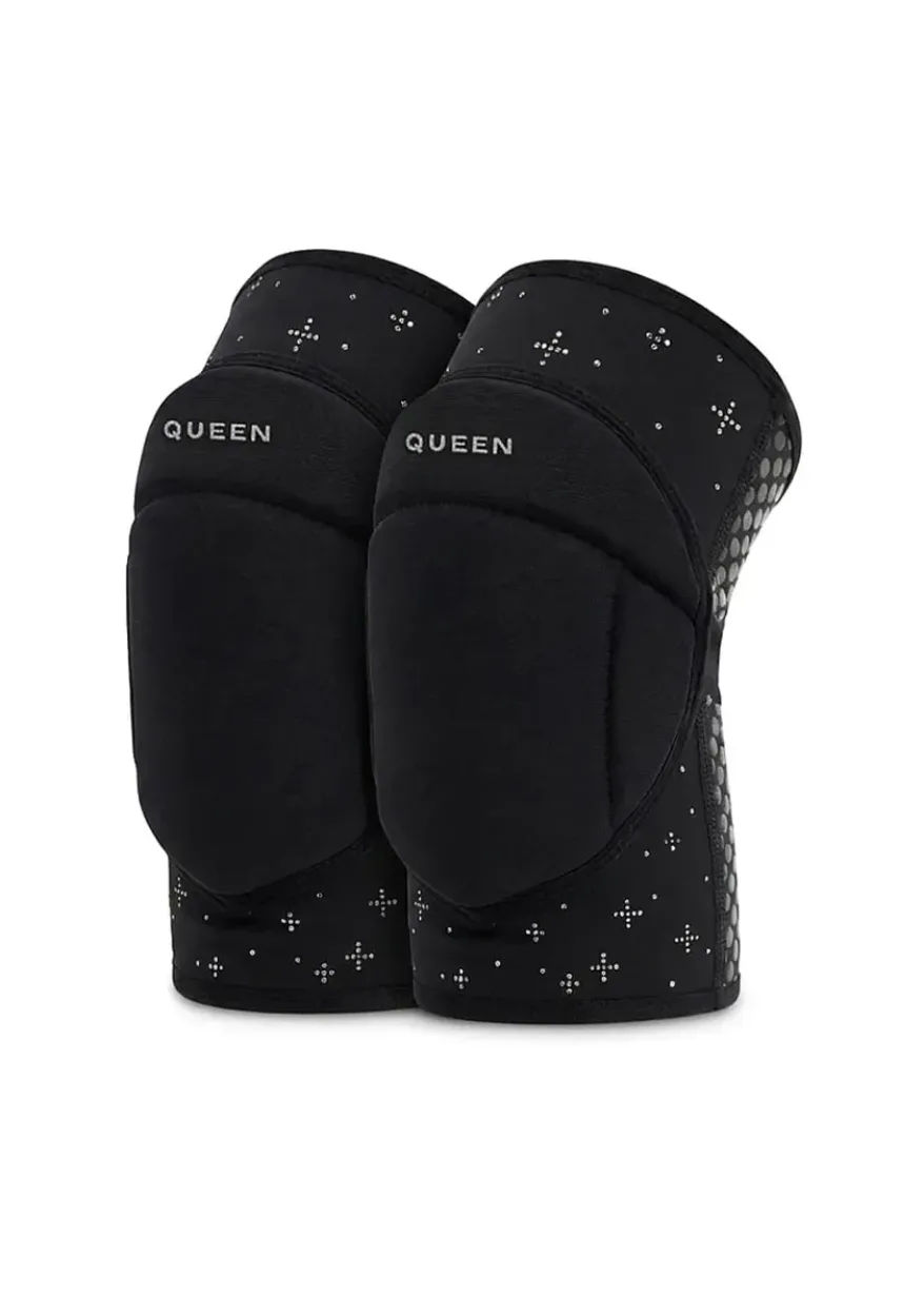 Pair of black knee pads with padding and 'QUEEN' branding, designed for protective sports gear.