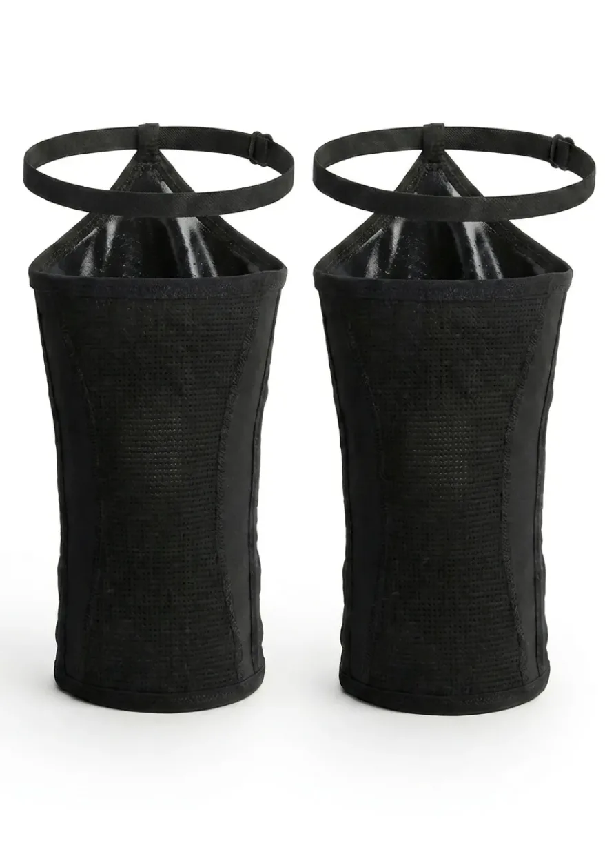 Pair of black mesh leg warmers or boot cuffs with slim ankle straps, standing upright on a white background.