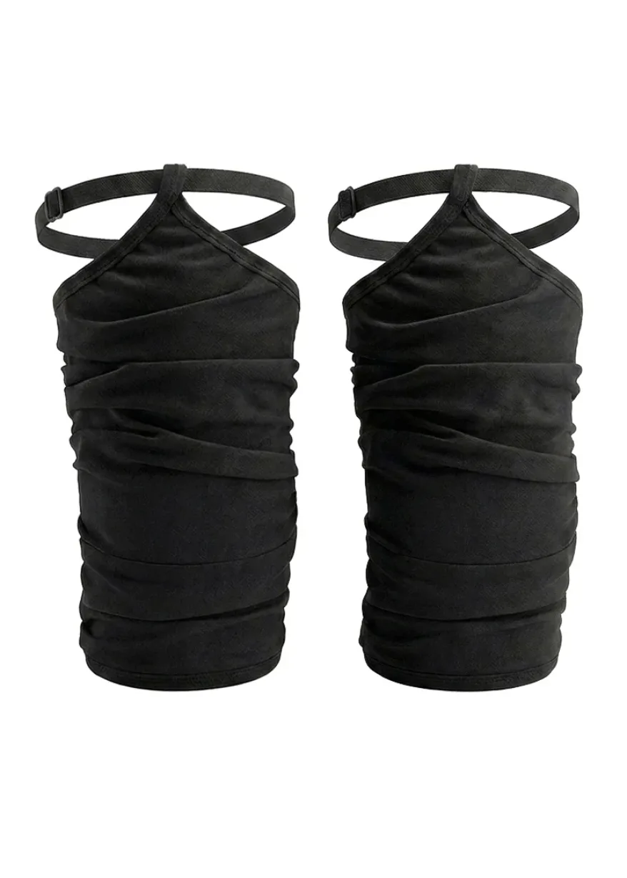 Two black ruched tube tops with halter-style straps, positioned side by side